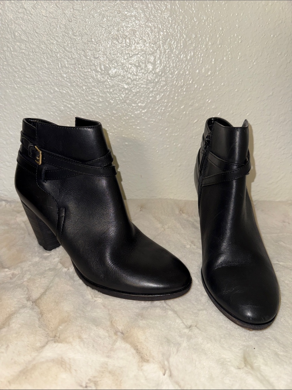 Cole Haan Hayes Black Leather Block Heel Ankle Booties with Buckle Strap